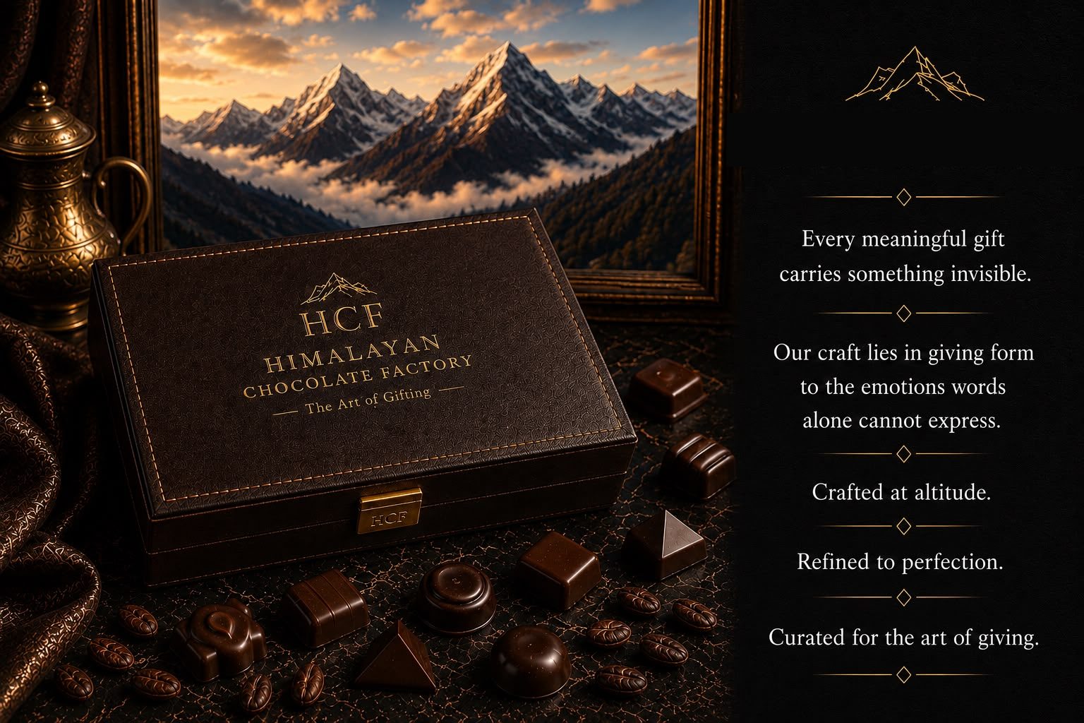 HCF corporate chocolate gifting Nainital display with premium chocolate box, copper ribbon with HCF branding, wax seal stamp, fountain pen and design sketches